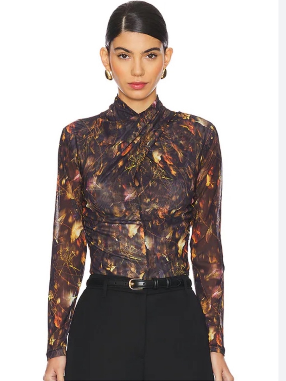 All Saints Tia Mesh Top Kateri Hazel Black Floral Ruched Mock Neck US 0/UK 4